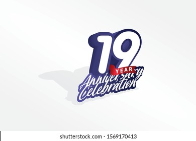 19 years anniversary, Italic Style with ribbon celebration logotype. Simple Blue color design isolated on Grey background - vector 