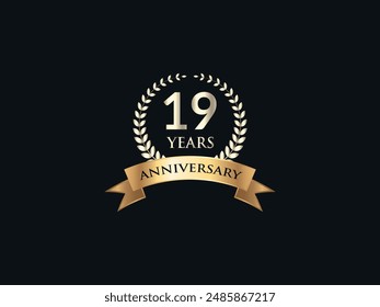 19 Years Anniversary Logo. Celebrating Success. Symbol of Eternal Achievement. Proud Heritage. Logo with Laurel Wreath and Ribbon. Years of Glorious Memories. Jubilee of Joy. Golden Celebratory Crest.