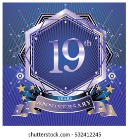 19 years anniversary logo celebration with ring and ribbon. Symbol and template for greeting card