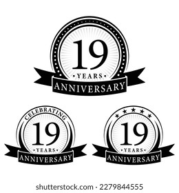 19 years anniversary logo collections. Set of 19th Anniversary logotype template. Vector and illustration.