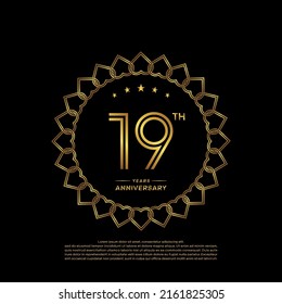 19 years anniversary logo with golden color and laurel, isolated on black background for booklet, leaflet, magazine, brochure poster, banner, web, invitation or greeting card. Vector illustrations.