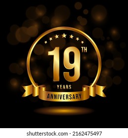 19 years anniversary logo with golden ring and ribbon for booklet, leaflet, magazine, brochure poster, banner, web, invitation or greeting card. Vector illustrations.