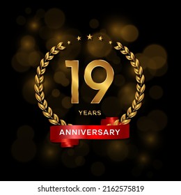 19 years anniversary logo with golden  laurel and red ribbon for booklet, leaflet, magazine, brochure poster, banner, web, invitation or greeting card. Vector illustrations.