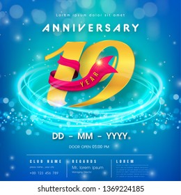 19 years anniversary logo template on blue Abstract futuristic space background. 19th modern technology design celebrating numbers with Hi-tech network digital technology concept design elements.