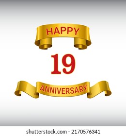 19 years anniversary logo template. Red numbers with golden ribbon.
