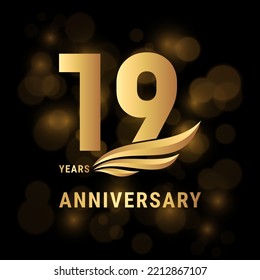 Logo del aniversario de 19 años, Diseño de plantilla con color dorado para afiches, banners, folletos, revistas, web, folletos, invitaciones o tarjetas de felicitación. Ilustración del vector