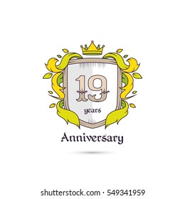 19 Years Anniversary Logo Using Heraldic Theme, Colorful and Isolated on white background