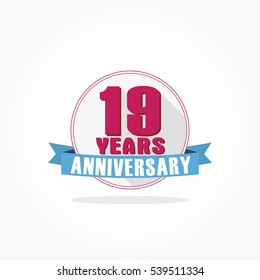 19 years anniversary logo vector on flat design white circle with pink number and pink frame with blue ribbon and shadow effect