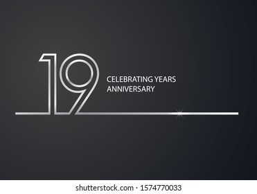 19 Years Anniversary logotype with silver colored font numbers made of one connected line, isolated on black background for company celebration event, birthday - Vector
