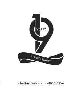 19 years anniversary pictogram vector icon, 19 years birthday logo label, black and white stamp isolated