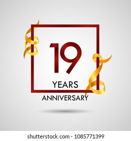 19 years anniversary with red number design inside red square and golden ribbon element, isolated on white background can be used as celebration card