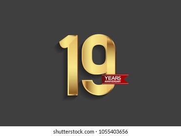 19 years anniversary simple design with golden color and red ribbon isolated on black background for celebration event
