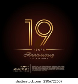 19 años aniversario, diseño de plantilla de aniversario con número de línea doble y texto dorado para celebración de cumpleaños, invitación, afiche de banner, volante y tarjeta de saludo, plantilla de vector