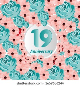 19 Years anniversary. Vector design greeting card with decorative floral for celebration