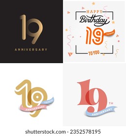 Icono de número de vector de 19 años, etiqueta del logotipo de cumpleaños, diseño de aniversario