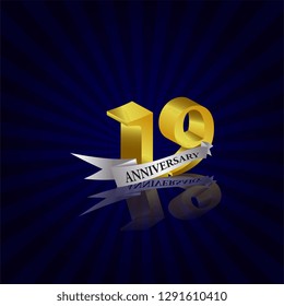 19 years anniversary Vector Template Design with golden color and silver ribbon isolated on blue sunburst background illustration for celebration event - Vector