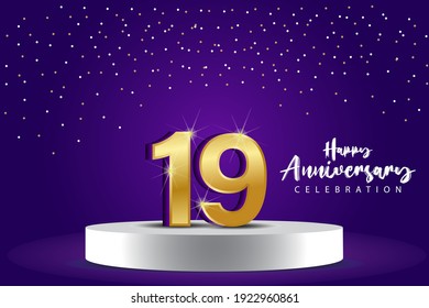 19 Years Anniversary Vector Template Design Illustration. Blue 3d Numbers with podium stage for celebration