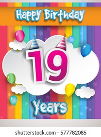 19 Years Birthday Celebration, with balloons and clouds, Colorful Vector design for invitation card and birthday party.