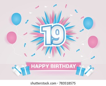 19 Years Colorful Happy Birthday Card Logotype using Paper Cut Style.