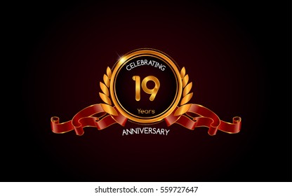 19 years gold anniversary celebration logo with red ribbon , isolated on dark background