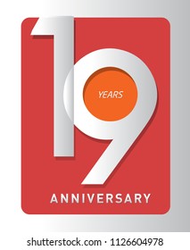 19 years old celebrating modern logo. Colored happy anniversary template numbers. vector design for celebration, invitation card, and greeting card