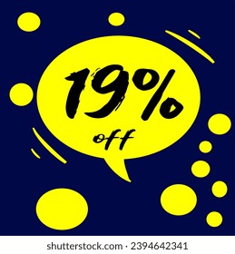 19% yellow discount hall with polka dots on blue background, percentage and promotion