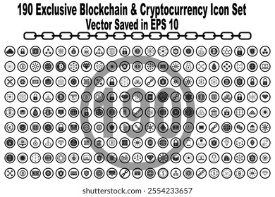 190 Blockchain and Cryptocurrency Icons set all in one collection. Vector Stock Illustration saved in EPS 10 and fully editable.