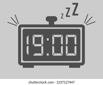 19:00 horas despertador digital. Vector con tiempo de marcación del reloj de alarma. Diseño para contar el tiempo con icono de sueño