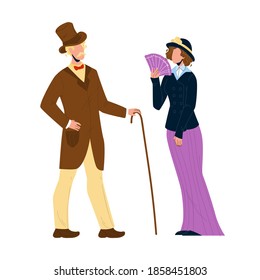 1900 Victorian People Lady And Gentleman Vector. Victorian Style Couple Man With Cane And Woman With Fan In Retro Clothes. Characters Elegant Vintage Clothing Flat Cartoon Illustration