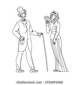 1900 Victorian People Lady And Gentleman Black Line Pencil Drawing Vector. Victorian Style Couple Man With Cane And Woman With Fan In Retro Clothes. Characters Elegant Vintage Clothing Illustration