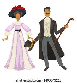 1900s couple, man in coat and hat with cane and woman in dress and feather in headdress, fashion style vector. Female and male characters, vintage clothes. Clothing design, old-fashioned outfit