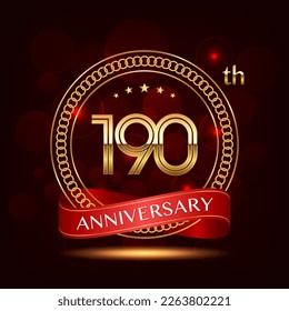 190th Anniversary logo design with golden number and red ribbon for anniversary celebration event, invitation, wedding, greeting card, banner, poster, flyer, brochure, book cover. Logo Vector Template