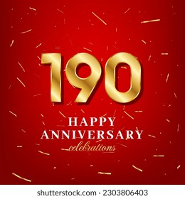 Plantilla vectorial de 190 años con un número dorado y confetti dorado esparcidos en un fondo rojo