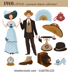 1910 fashion style man and woman personal objects