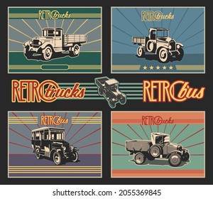 1910s, 1920s, 1930s Auto Trucks, Bootlegger's Lorry,  Retro Transportation Posters Style Illustration Set