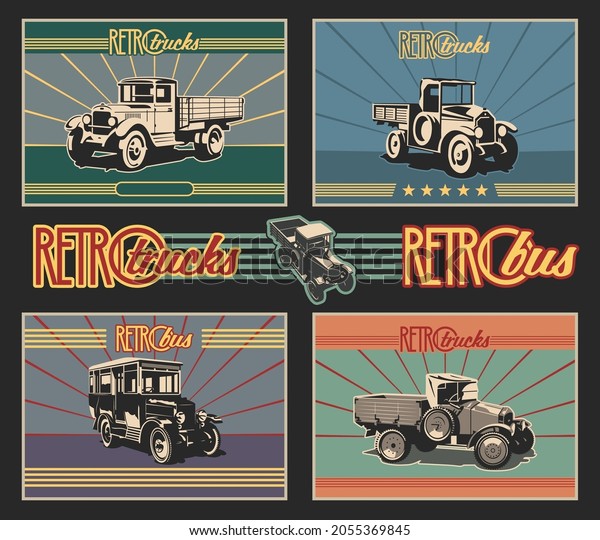 1910s, 1920s, 1930s Auto\
Trucks, Bootlegger\'s Lorry,  Retro Transportation Posters Style\
Illustration Set