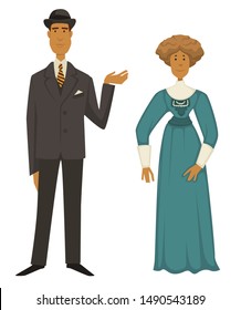 1910s couple, man in suit and hat and woman in dress with jabot and feather in headdress, fashion style vector. Female and male characters, vintage clothes. Clothing design, old-fashioned outfit