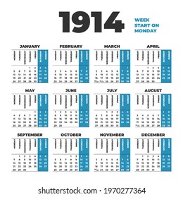 1914 Year Vector Calendar Template Weeks: vector de stock (libre de