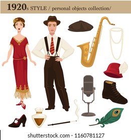 1920 fashion style man and woman personal objects