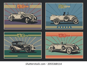 1920s, 1930s, 1940s Cars, Retro Posters Style Illustration Set 