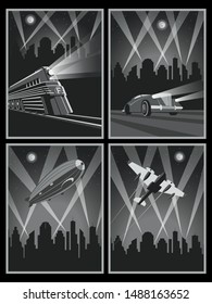 1920s, 1930s Art Deco Style Posters, Locomotive, Car, Aircraft, Dirigible, Cityscape Black and White Illustrations