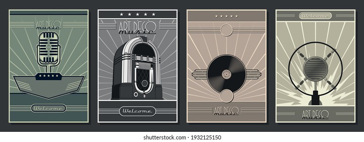 1920s - 1940s Art Deco Style Posters, Jukebox, Retro Microphones, Vinyl Record