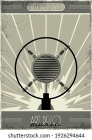 1920s - 1940s Musical Concert Poster Template, Retro Microphone, Art Deco Background, Grunge Textured Frame