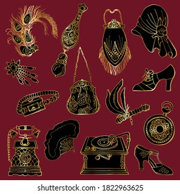 1920s Art Deco Accessories Set. Cartoon style. Stock Illustration.	