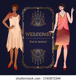 1920s Art Deco - square layout with two elegant women. Template design of greeting card, invitation, banner for social media. Dark backdrop and gold linear geometric frame with copy space for text