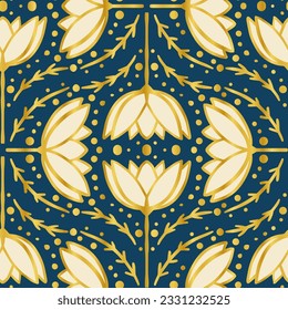 1920s art deco style tulips beige gold navy blue