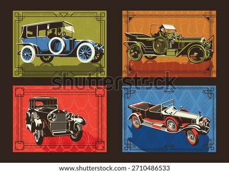 1920s Automobile Poster Set, Retro Cars Vector Illustrations, Old Vehicles, Art Deco Frames
