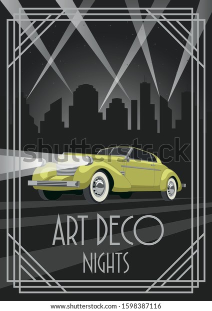 1920s Car Art Deco Style Poster, Cityscape, Rays,
Night Scene