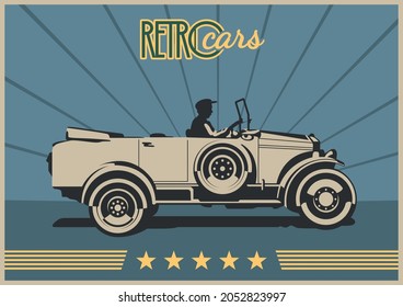 1920s Car, Retro Auto Advertising Posters Style Illustration, Classic Convertible Car, Retro Colors and Decoration 