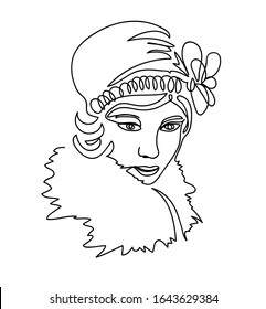 1920s girl portrait, head, face. Vector portrait sketch  with hat and fur. One continuous line drawing. Womam from 20s simple vector illustration.